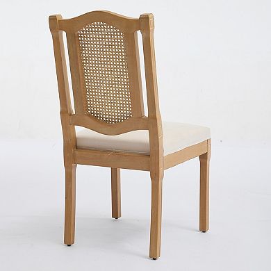 Aoolive Solid Wood Rattan-Back Dining Chair Set of 2, Classic Linen Cushion Kitchen Chairs