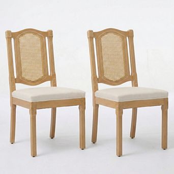 Aoolive Solid Wood Rattan-Back Dining Chair Set of 2, Classic Linen Cushion Kitchen Chairs