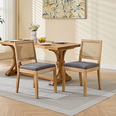 Aoolive 2-Piece Farmhouse Dining Chairs, Linen Seat Wooden Accent Chair with Rattan Back