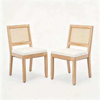 Aoolive 2 pc Farmhouse Dining Chairs, Linen Seat Wooden Accent Chair with Rattan Back
