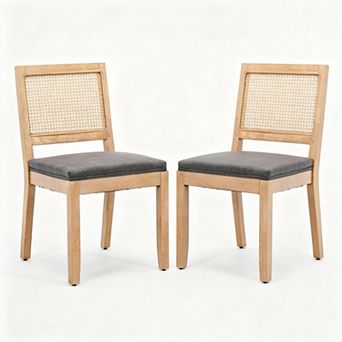 Aoolive 2 pc Farmhouse Dining Chairs, Linen Seat Wooden Accent Chair with Rattan Back