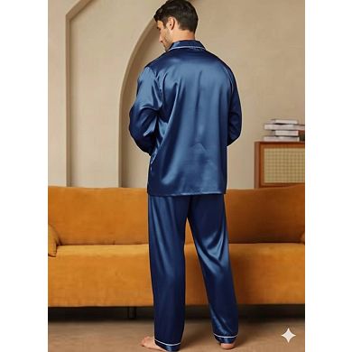 2pcs Men's Autumn/Winter Long Sleeve Satin Pajama Pants Set