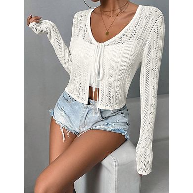 Women's Tie Front Cardigan Lightweight Sweater Cute Flower Cardigan