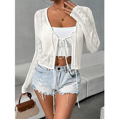 Women's Tie Front Cardigan Lightweight Sweater Cute Flower Cardigan