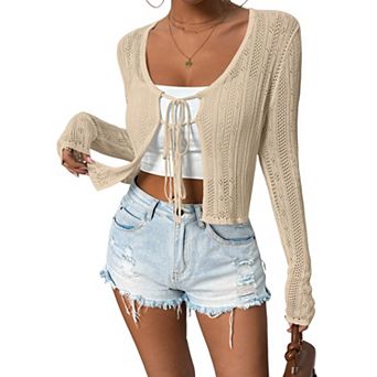 Women's Tie Front Cardigan Lightweight Sweater Cute Flower Cardigan