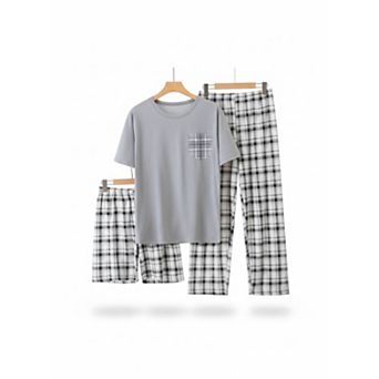3 pc Men's Lightweight Short Sleeve Plaid Pajama Set