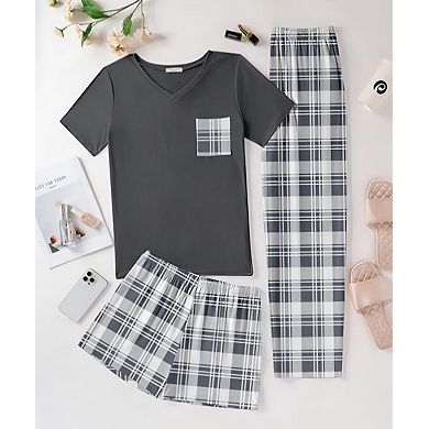 3pcs Women's Lightweight Short Sleeve Plaid Pajama Set