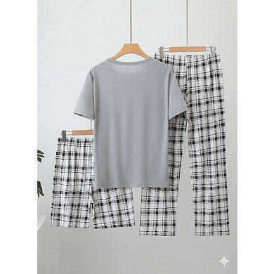 3pcs Men's Lightweight Short Sleeve Plaid Pajama Set