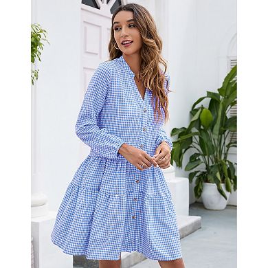 Women's Long Sleeve Button Front Ruffle Hem Shirred V-Neck Vintage Elegant Dresses