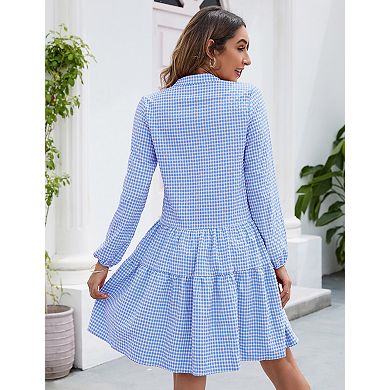 Women's Long Sleeve Button Front Ruffle Hem Shirred V-Neck Vintage Elegant Dresses