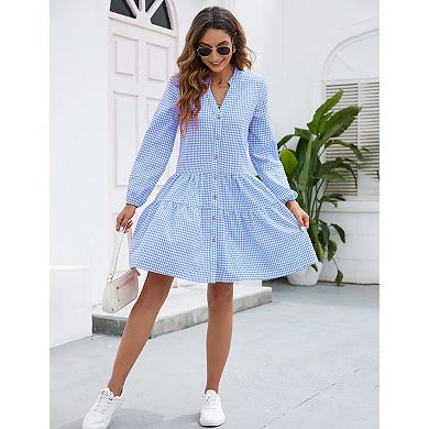 Women's Long Sleeve Button Front Ruffle Hem Shirred V-Neck Vintage Elegant Dresses