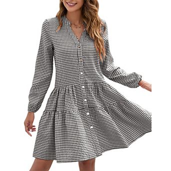 Women's Long Sleeve Button Front Ruffle Hem Shirred V-Neck Vintage Elegant Dresses