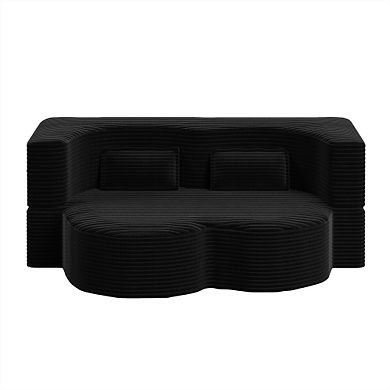 Modern Corduroy Convertible Floor Sofa, Full-Size Folding Sleeper Mattress with 2 Pillows