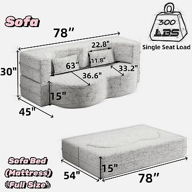 Modern Corduroy Convertible Floor Sofa, Full-Size Folding Sleeper Mattress with 2 Pillows
