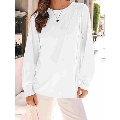 Crew Neck Blouse Women's Lantern Long Sleeve Ruffled Cuff Tunic Top