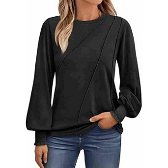 Crew Neck Blouse Women's Lantern Long Sleeve Ruffled Cuff Tunic Top
