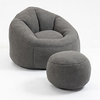 High-Pressure Foam Bean Bag Chair & Ottoman Set - Large Adult Lounge Sofa with Padded Support
