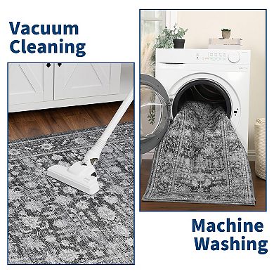 Vintage Boho Floral Pattern Low-Pile Durable Indoor Rug