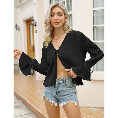 Womens Tie Front Blouse Open Front Ruffle Long Sleeves V Neck Tops