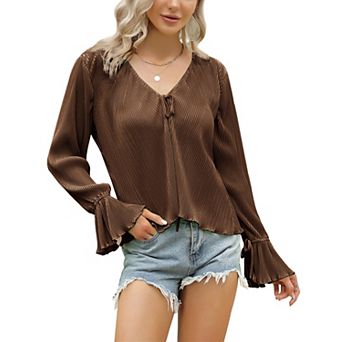 Womens Tie Front Blouse Open Front Ruffle Long Sleeves V Neck Tops