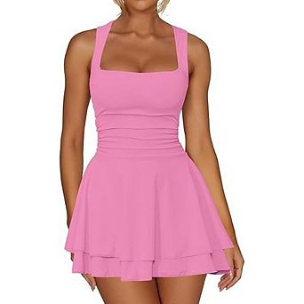 Women's Ruffle Hem Mini Dress Square Neck Ruched Waist Short Dresses