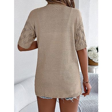 Women's Open Front Hollow Out Short Sleeve Knit Cardigan Leaf Pattern Lightweight Cover Up