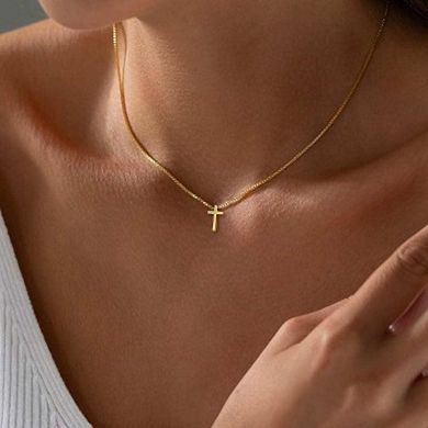 14K Gold Dainty Cross Choker Faith Pendant Necklace