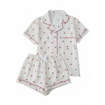Women's Cherry Print Lapel Button Shorts Pajama Set