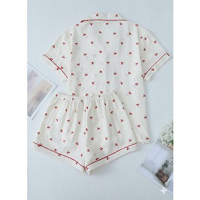 Women's Cherry Print Lapel Button Shorts Pajama Set