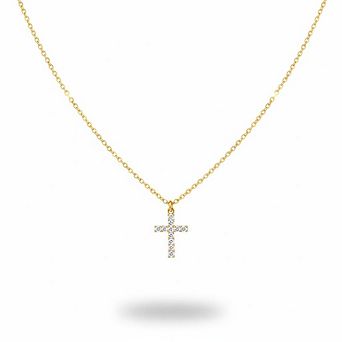 18K Gold Tiny Cubic Zirconia Cross Pendant Necklace
