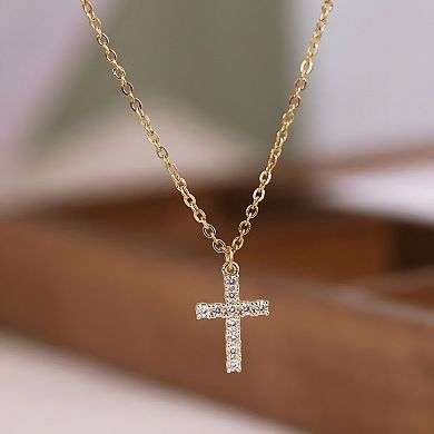 18K Gold Tiny Cubic Zirconia Cross Pendant Necklace