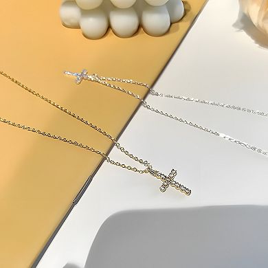 18K Gold Tiny Cubic Zirconia Cross Pendant Necklace