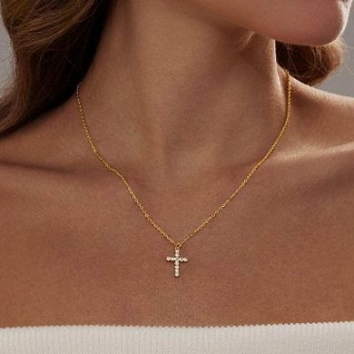 18K Gold Tiny Cubic Zirconia Cross Pendant Necklace