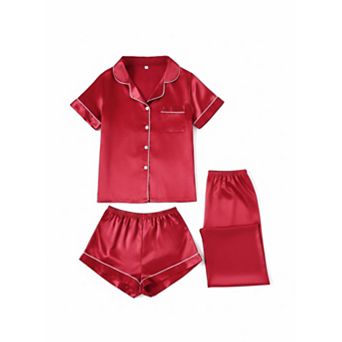 3 pc Women's Contrast Trim Faux Silk Pajama Set