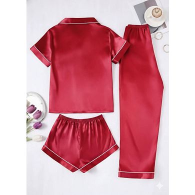3pcs Women's Contrast Trim Faux Silk Pajama Set