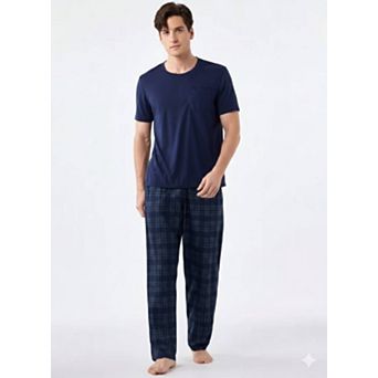 Men's Solid Short Sleeve Top & Plaid Pants Set