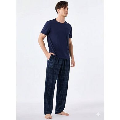 Men's Solid Short Sleeve Top & Plaid Pants Set