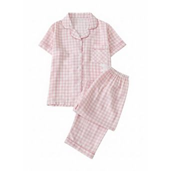 2 pc Women's Plaid Button-Down Pajama Set