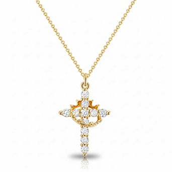 14K Gold Crown Cross Necklace with Diamond Accent