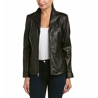 Cole Haan Women's Genuine Leather Jacket with Wing Collar