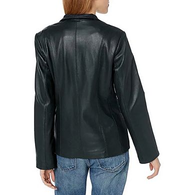 Cole Haan Women's Genuine Leather Jacket with Wing Collar