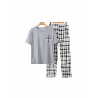 2 pc Men's Lightweight Short Sleeve Plaid Pajama Set