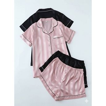 Women's Striped Jacquard Black and Pink Short Sleeve Pajama Set
