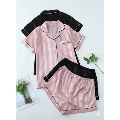 Women's Striped Jacquard Black and Pink Short Sleeve Pajama Set