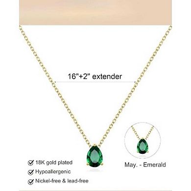 18K Gold Emerald Birthstone Teardrop Pendant Necklace