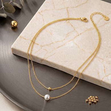 14K Gold Two Layered Bead and Pearl Necklace for Women