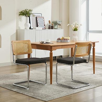 Modern Dining Chairs Set of 2, Velvet Accent Chairs with Natural Cane Back & Stainless Chrome Base