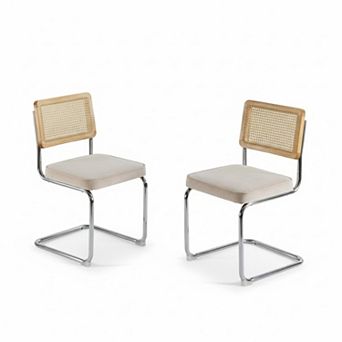 Modern Dining Chairs Set of 2, Velvet Accent Chairs with Natural Cane Back & Stainless Chrome Base