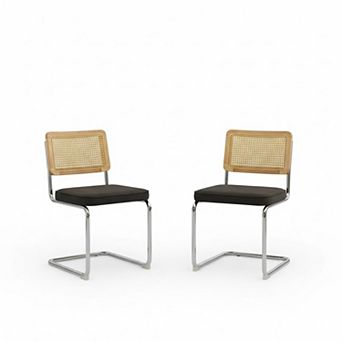 Modern Dining Chairs Set of 2, Velvet Accent Chairs with Natural Cane Back & Stainless Chrome Base