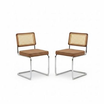 Modern Dining Chairs Set of 2, Velvet Accent Chairs with Natural Cane Back & Stainless Chrome Base
